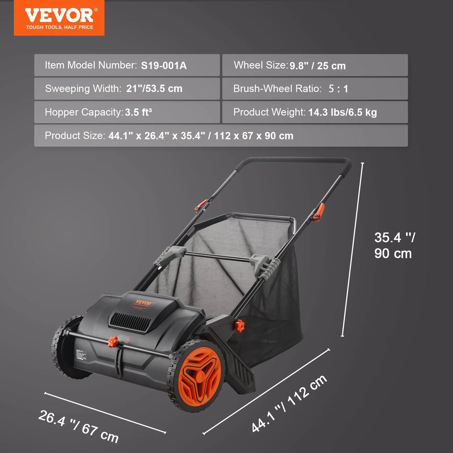 VEVOR 21-Inch Push Lawn Sweeper with Heavy-Duty Steel Construction, Large 3.5 Cu. Ft. Mesh Collection Hopper, Strong Rubber Wheels, and Dual Spinning Brushes