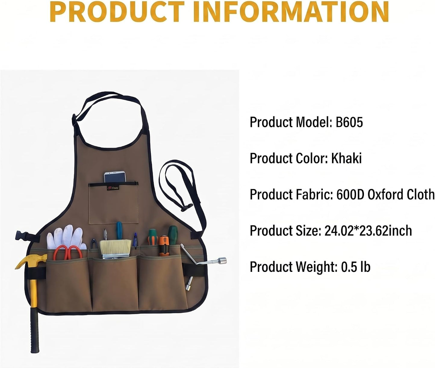 Waterproof Work Apron - Durable Oxford, 10 Tool Pockets, Coffee Brown