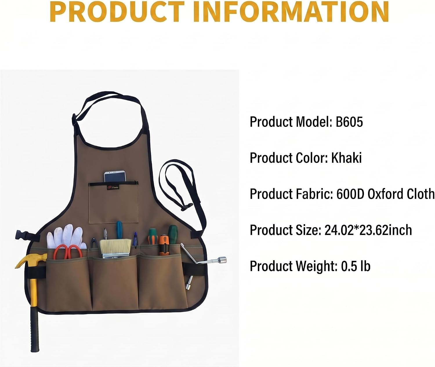 Waterproof Work Apron - Durable Oxford, 10 Tool Pockets, Coffee Brown