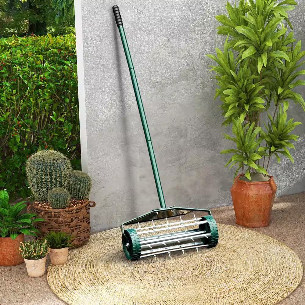 18-inch Heavy-Duty Rolling Spike Lawn Aerator with Splash Guard