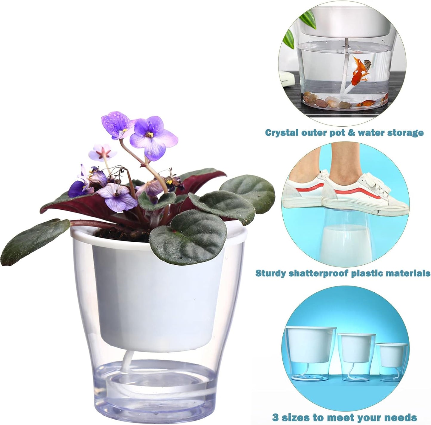3-Pack 7" Clear Self-Watering Wicking Pots for Indoor Plants