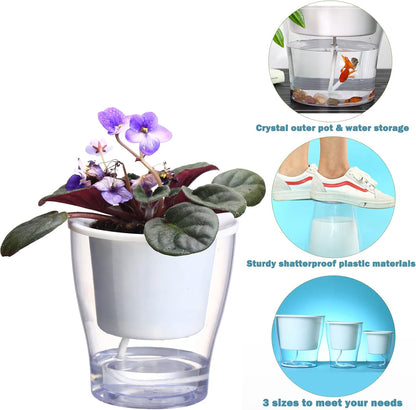 3-Pack 7" Clear Self-Watering Wicking Pots for Indoor Plants