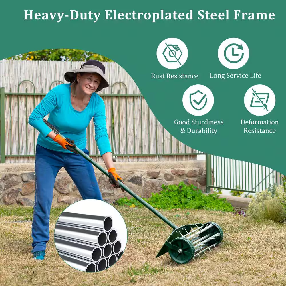 18-inch Heavy-Duty Rolling Spike Lawn Aerator with Splash Guard