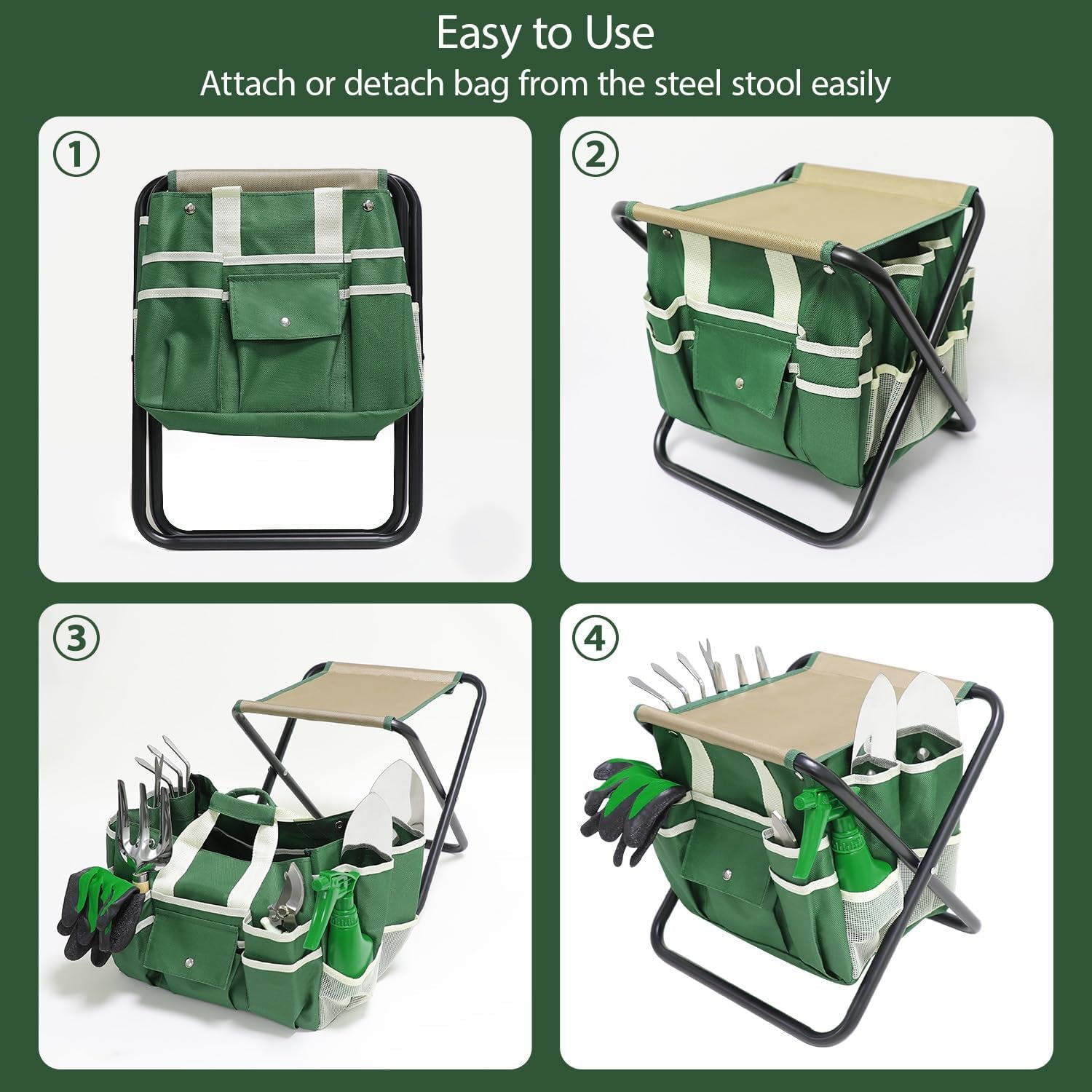 Stainless Steel 10-Pc Garden Tool Set with Folding Stool & Tote Bag