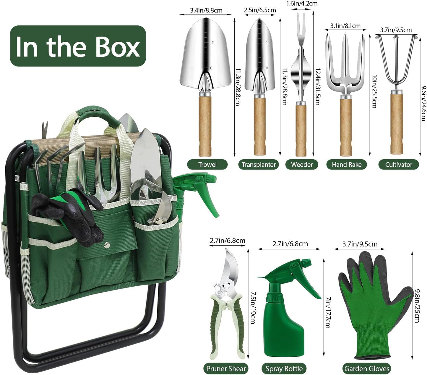Stainless Steel 10-Pc Garden Tool Set with Folding Stool & Tote Bag