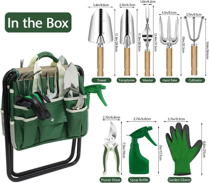 Stainless Steel 10-Pc Garden Tool Set with Folding Stool & Tote Bag