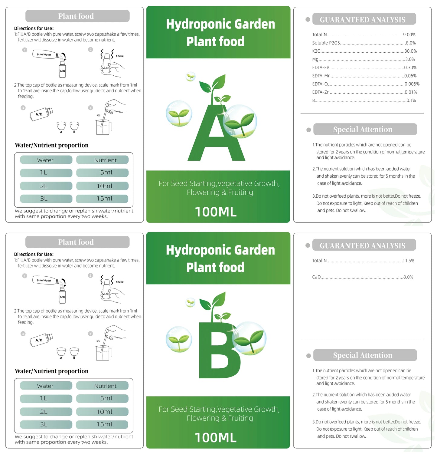 AB Two-Part Hydroponic Nutrient System for Optimal Growth of Flowers, Vegetables, and Grass