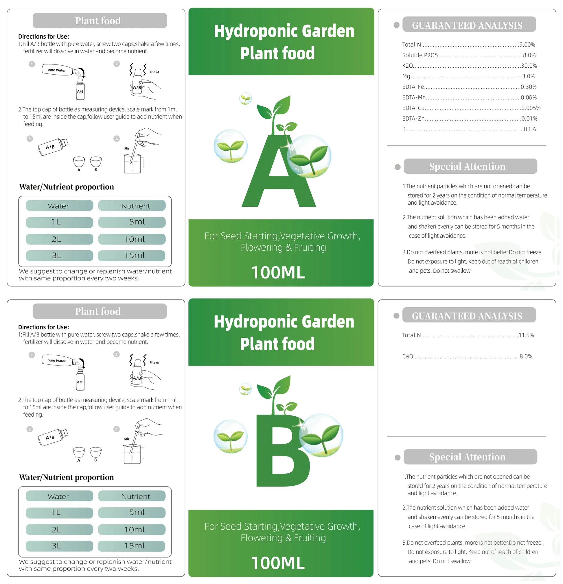 AB Two-Part Hydroponic Nutrient System for Optimal Growth of Flowers, Vegetables, and Grass