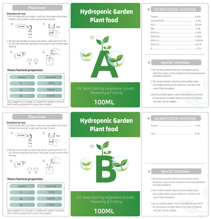 AB Two-Part Hydroponic Nutrient System for Optimal Growth of Flowers, Vegetables, and Grass