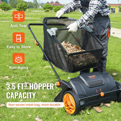 VEVOR 21-Inch Push Lawn Sweeper with Heavy-Duty Steel Construction, Large 3.5 Cu. Ft. Mesh Collection Hopper, Strong Rubber Wheels, and Dual Spinning Brushes