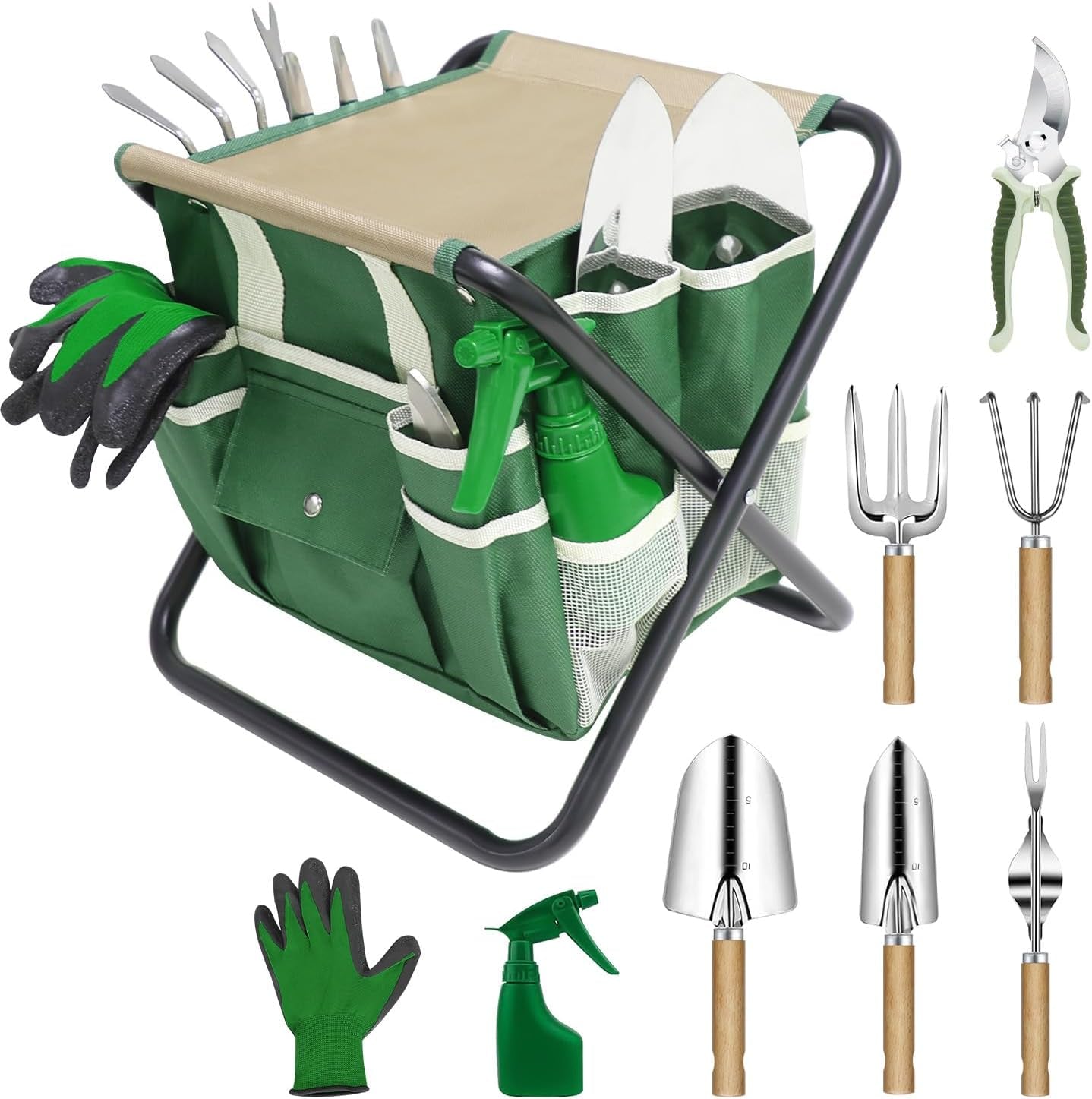 Stainless Steel 10-Pc Garden Tool Set with Folding Stool & Tote Bag