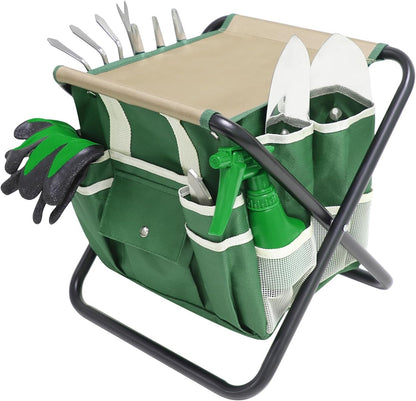 Stainless Steel 10-Pc Garden Tool Set with Folding Stool & Tote Bag