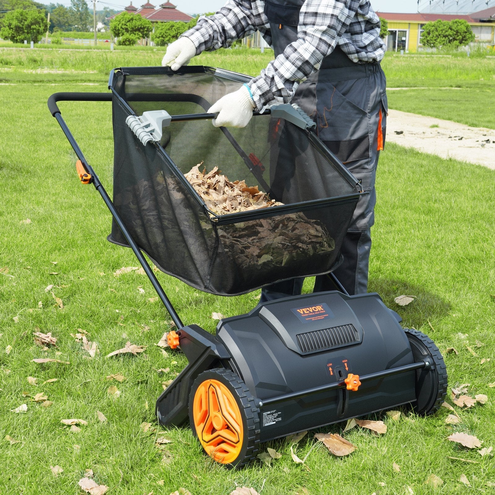 VEVOR 21-Inch Push Lawn Sweeper with Heavy-Duty Steel Construction, Large 3.5 Cu. Ft. Mesh Collection Hopper, Strong Rubber Wheels, and Dual Spinning Brushes