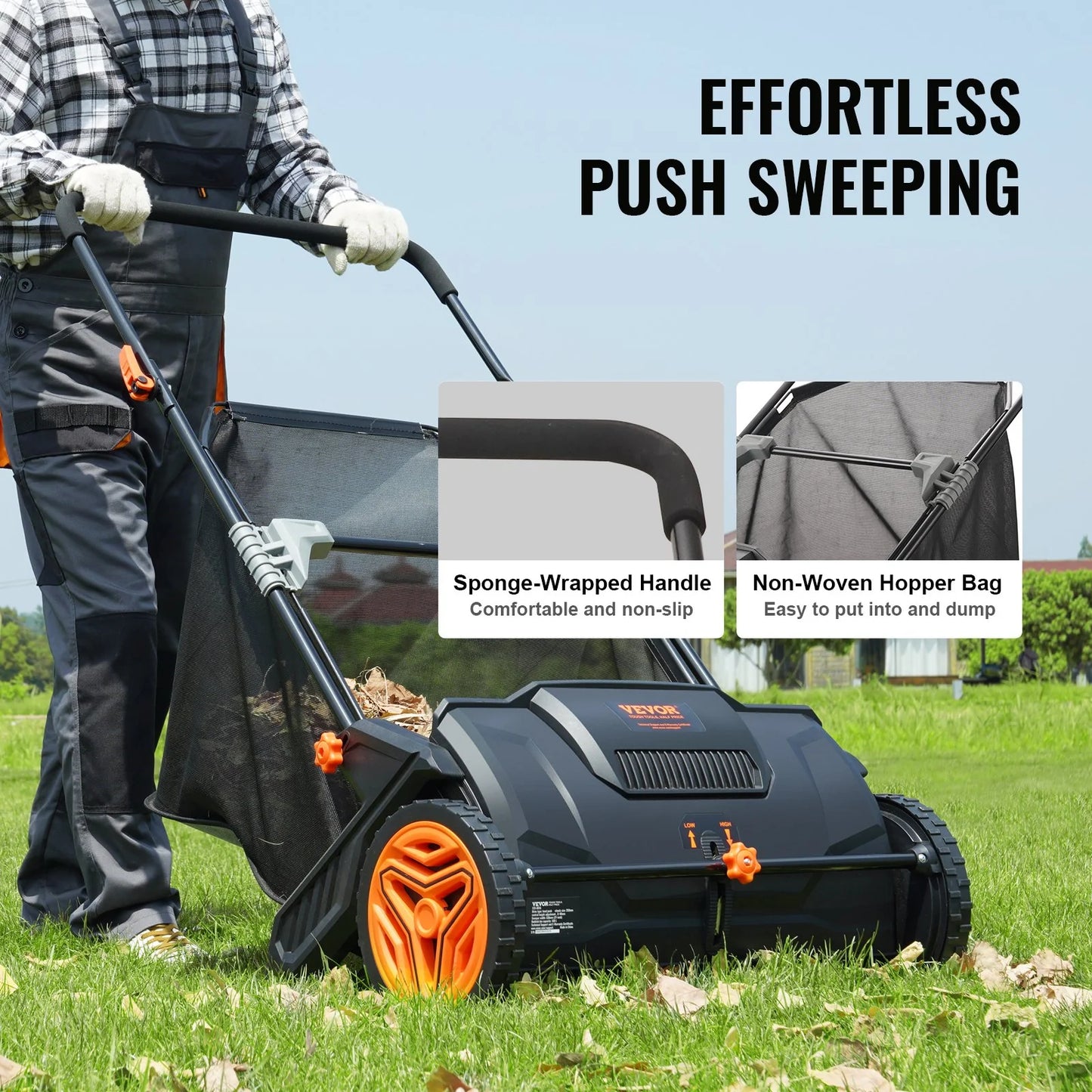 VEVOR 21-Inch Push Lawn Sweeper with Heavy-Duty Steel Construction, Large 3.5 Cu. Ft. Mesh Collection Hopper, Strong Rubber Wheels, and Dual Spinning Brushes