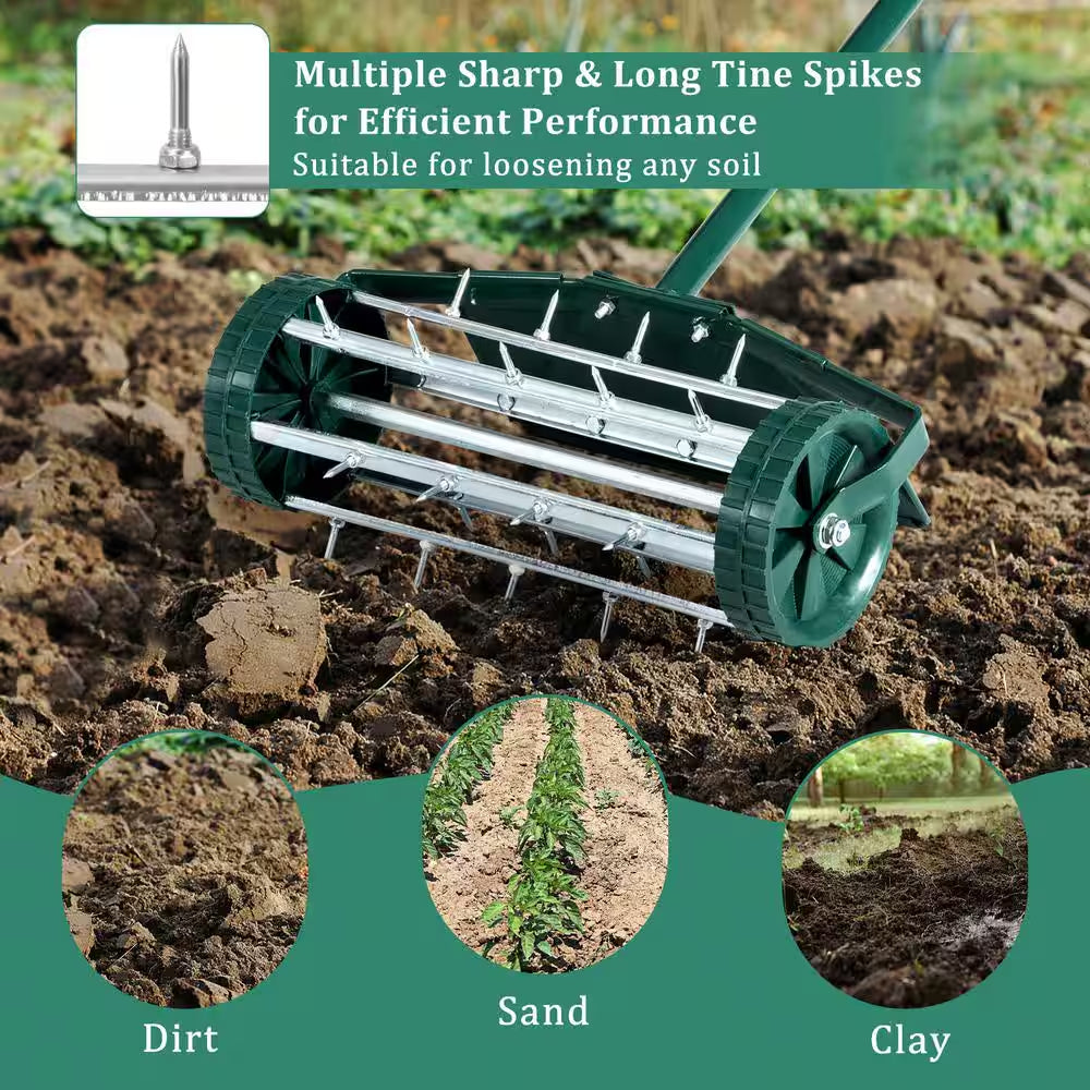 18-inch Heavy-Duty Rolling Spike Lawn Aerator with Splash Guard
