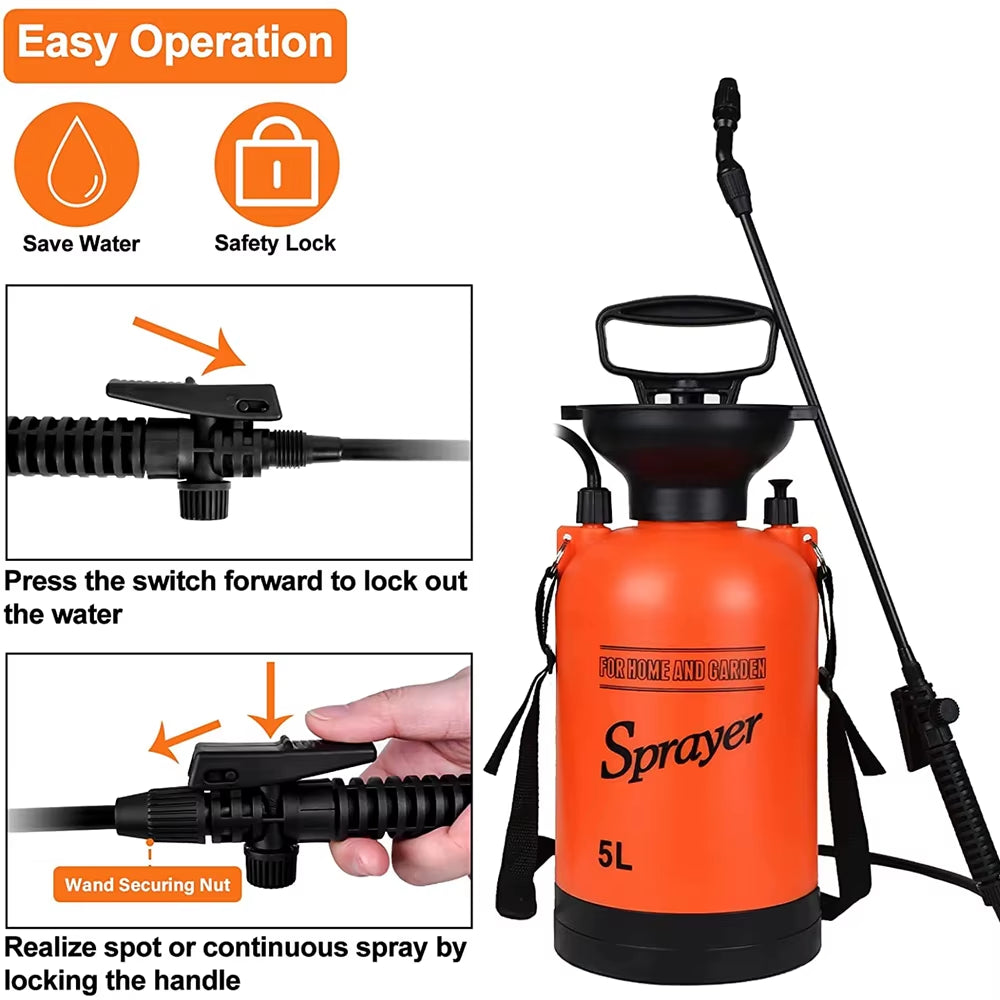 5L Portable Pressure Knapsack Sprayer with Adjustable Nozzle for Home and Garden Irrigation and Cleaning
