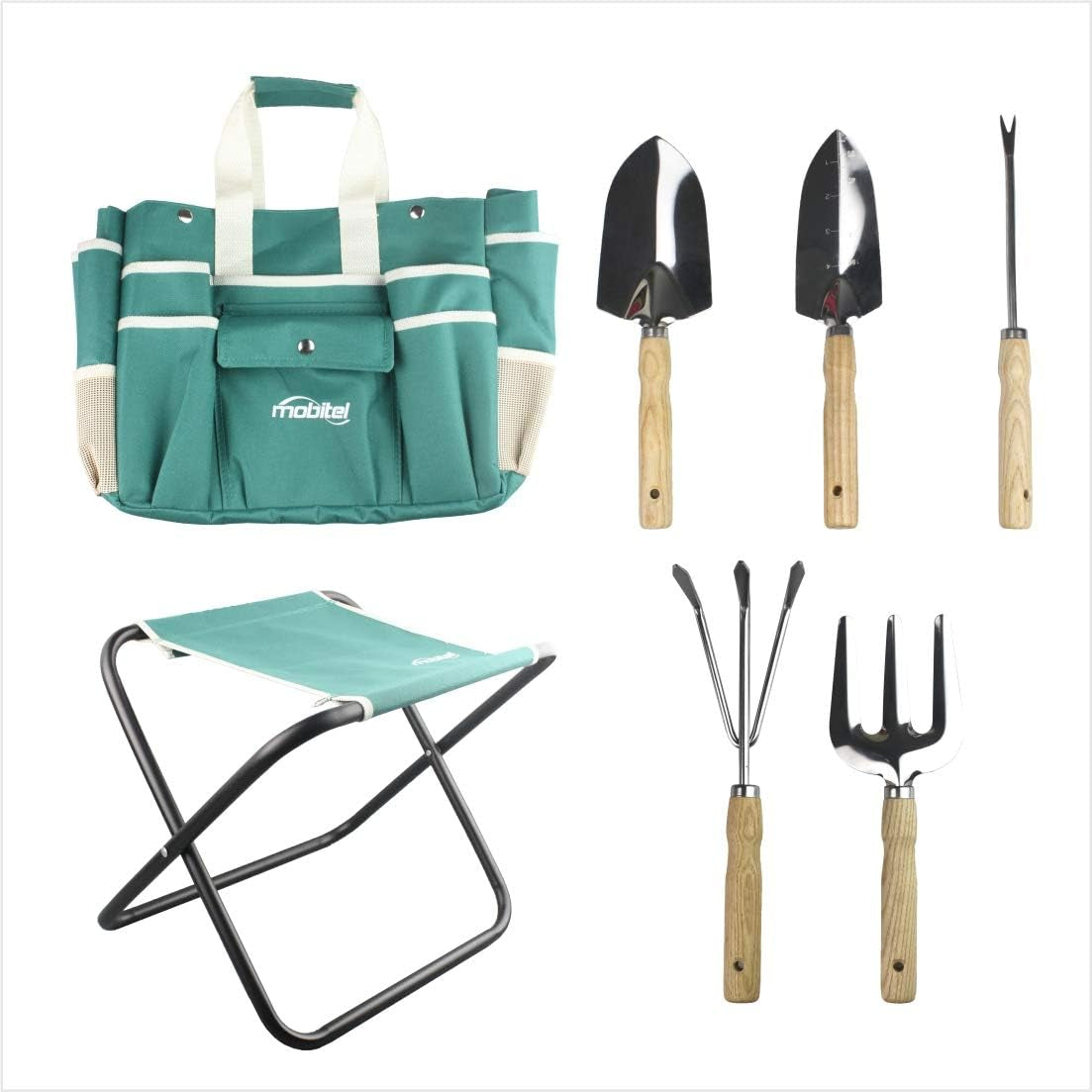 Heavy-Duty Garden Tool Set: Folding Stool, Tote Bag & 5 SS Tools