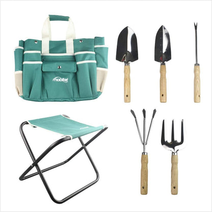 Heavy-Duty Garden Tool Set: Folding Stool, Tote Bag & 5 SS Tools