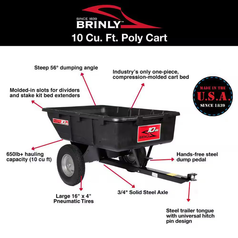 650 lbs. 10 Cu. Ft. Tow-Behind Lawn Mower Trailer Dump Cart with Compression-Molded Poly Bed for Lawn Tractors and Zero-Turn Mowers