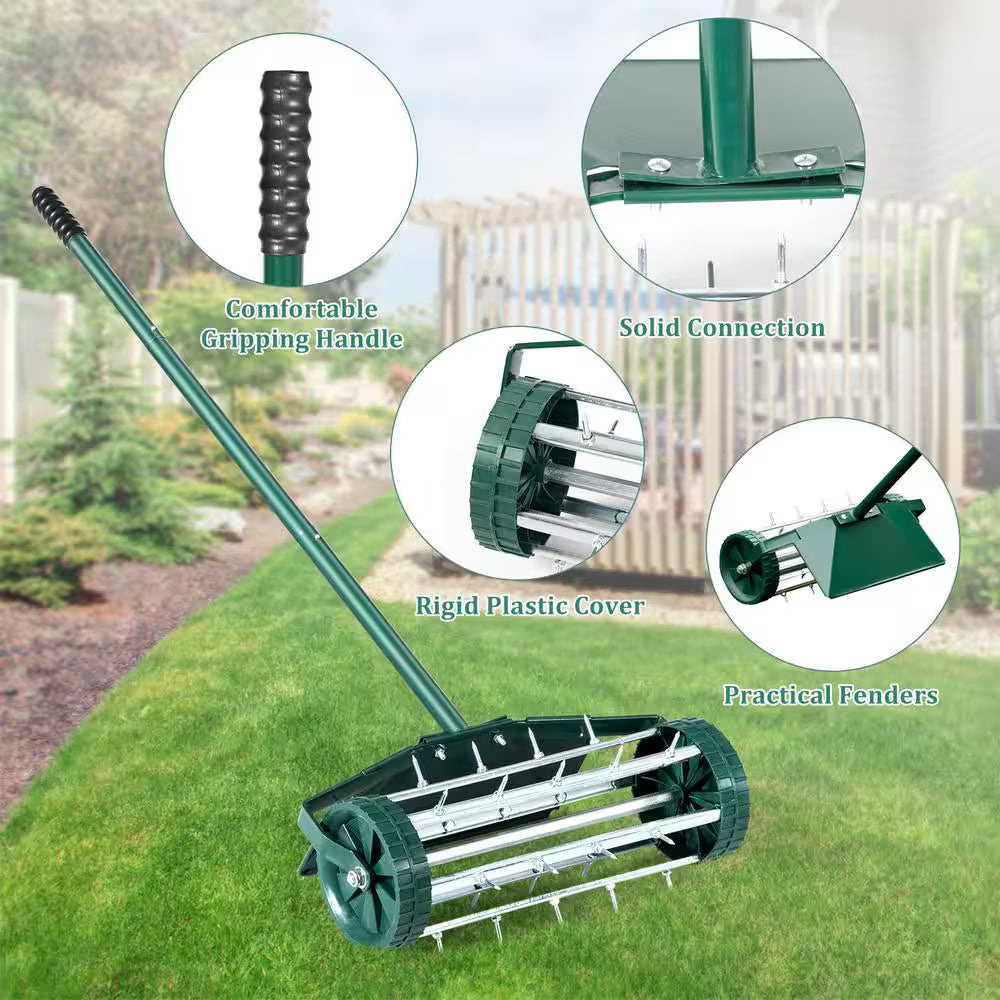 18-inch Heavy-Duty Rolling Spike Lawn Aerator with Splash Guard
