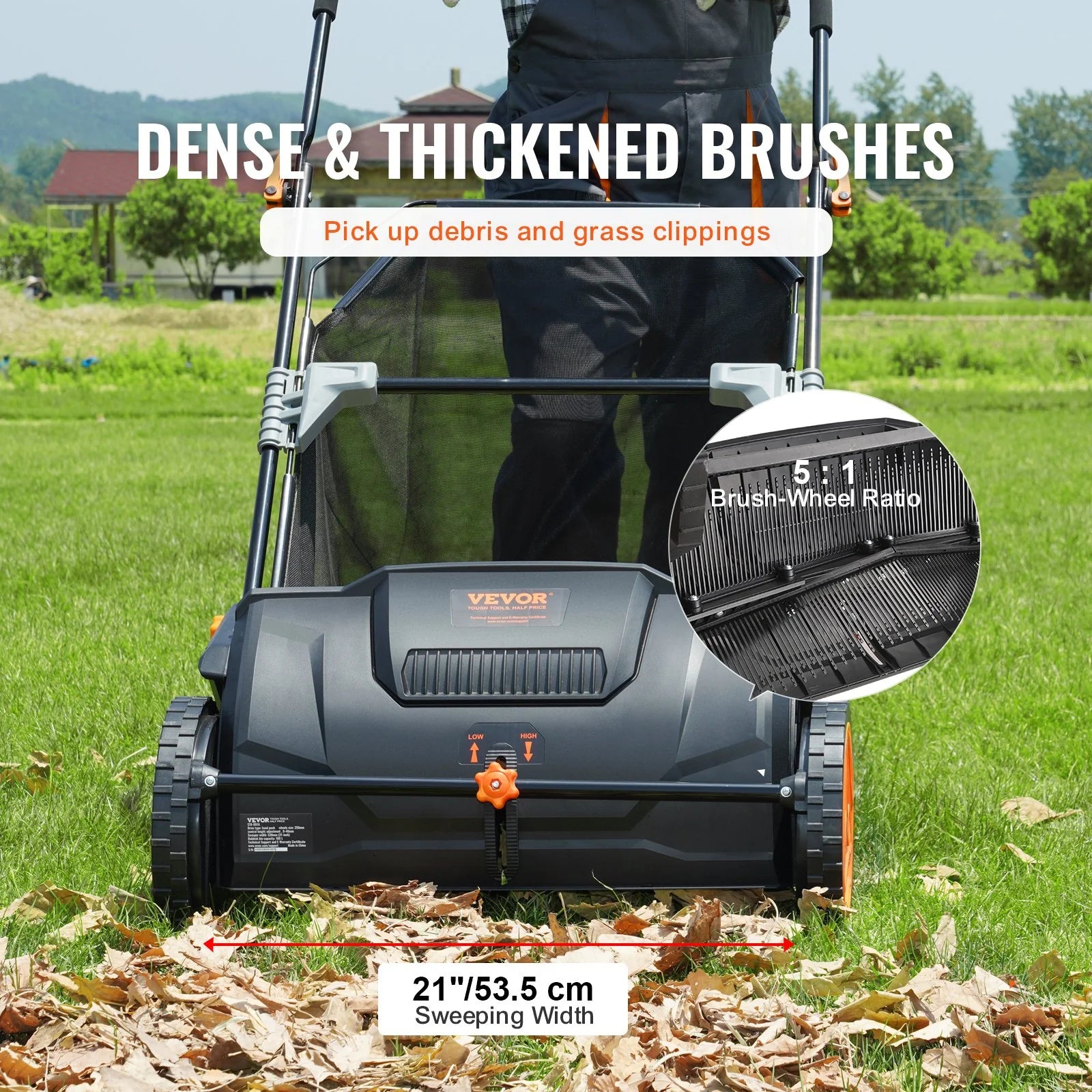 VEVOR 21-Inch Push Lawn Sweeper with Heavy-Duty Steel Construction, Large 3.5 Cu. Ft. Mesh Collection Hopper, Strong Rubber Wheels, and Dual Spinning Brushes