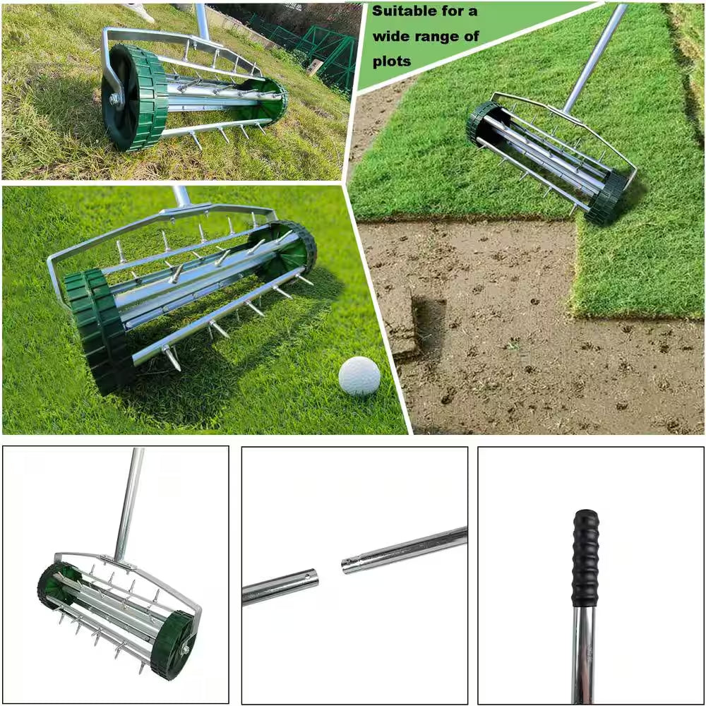 16-Inch Garden Spike Rolling Lawn Aerator with Extended Steel Handle (3-Piece Set)